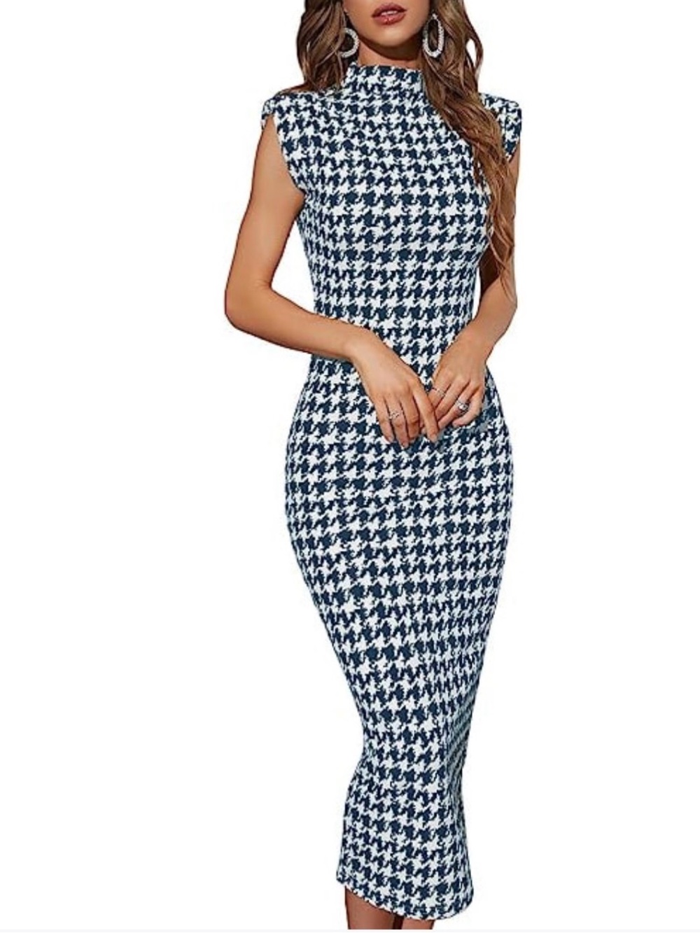 Sleeveless Houndstooth Midi Dress in black and white with shoulder pads bodycon